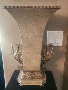 Castillian Imports Craclkle Glaze Vase, Ornate Gold Swan Accent Vase